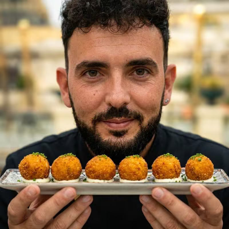 Cristian Gutiérrez con un plato de croquetas